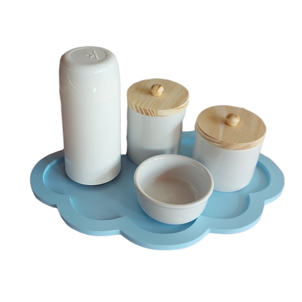 Kit Higiene Bebê Porcelana Branca Potes Garrafa Térmica Bandeja Nuvem Azul maternidade menino porta algodão cotonete