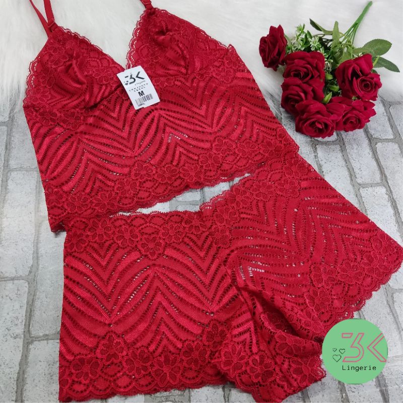lingerie sem bojo top Cropped + calcinha calesson renda com forro espera marido sexy (Carol)
