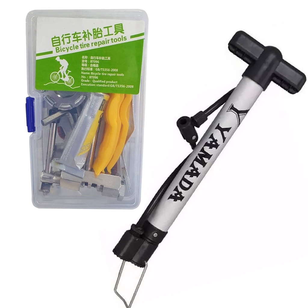 Kit Estojo Ferramenta Remendo De Pneu Bike Bicicleta + Bomba De Bike De Encher Pneu Alumínio 30cm Yamada Ciclismo