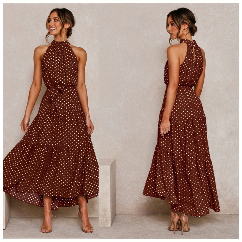 2022 Boho Verão Polka Dot Print Cotton Maxi Vestido Longo Feminino Halter em Oferta na Shopee