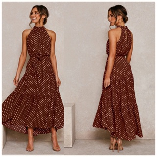 2022 Boho Verão Polka Dot Print Cotton Maxi Vestido Longo Feminino Halter em Oferta na Shopee