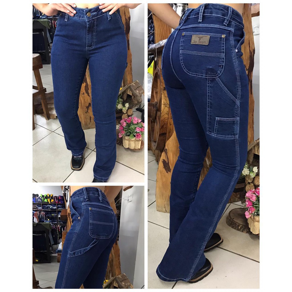 Calça Feminina Tex Team Carpinteira Azul com Linhas Brancas