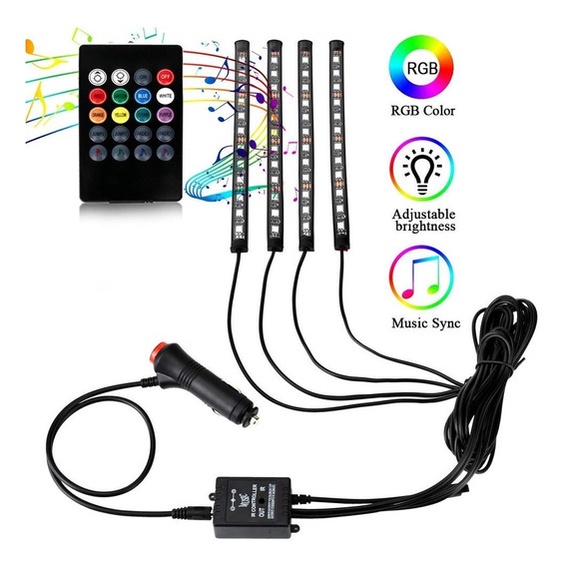 Led Carro Interna 12v Acendedor De Cigarro ou USB Rgb Com Controle APP Tuning