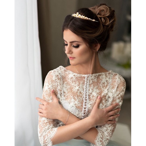 Coroa Tiara Porta Coque Dourada Fina Vintage para Noiva Casamento e Festa de 15 Anos com Strass Zircônia