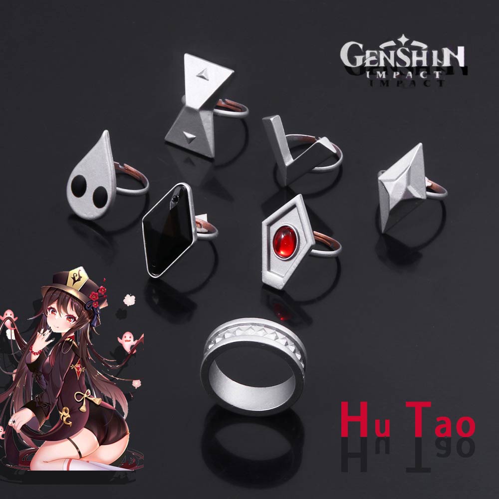 7 Pçs/Set Hu Tao Anéis Genshin Impact Cosplay Anel De Metal Anime Acessório Halloween Prop Casal