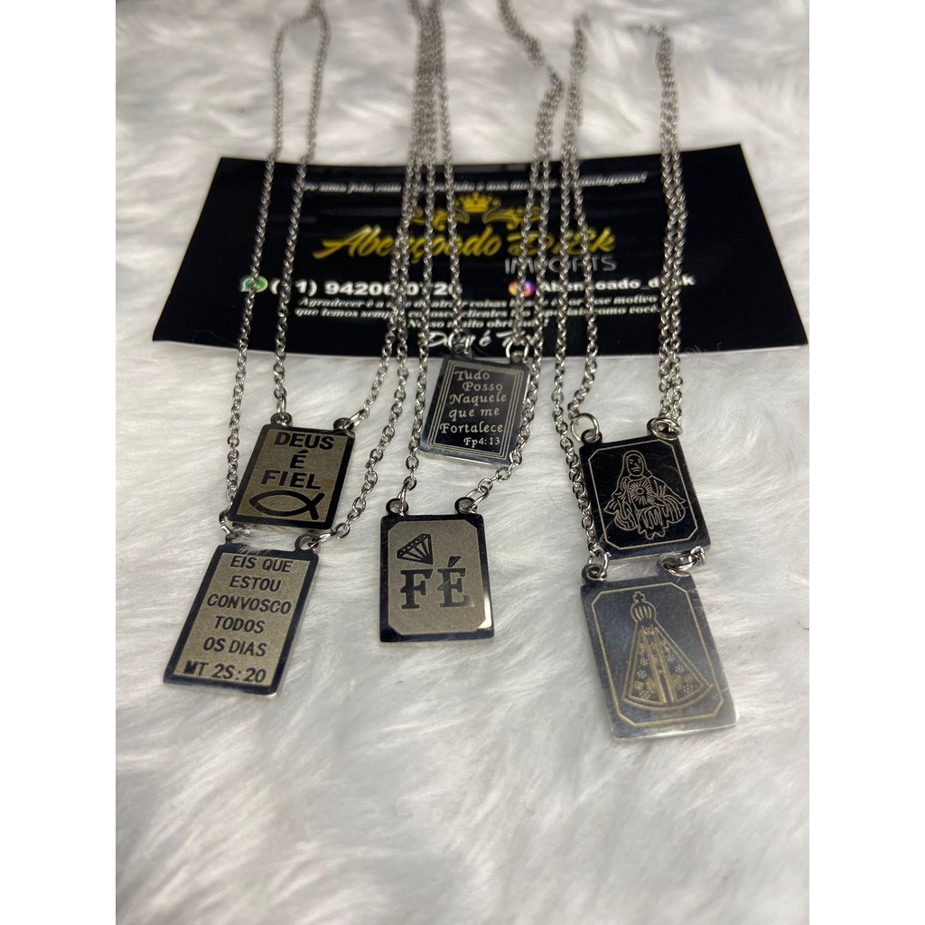 Colar Escapulário Cristão Cruz Não enferruja Qualidade Estrela De Davi E Cruz Banhado A Ouro 18k folheado a prata Nossa Senhora do Carmo e Sagrado coração de Jesus pequeno. Corrente aço Inox Cartie Masculino Nossa Senhora Aparecida Plaquinha Jesus Banhado