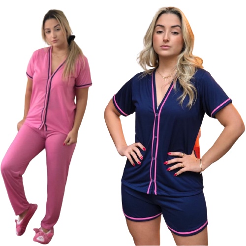 Kit 2 Pijamas Blogueirinha Aberto Com Botões Pijama Inverno Com Calça E Pijama Verão Short Gestante