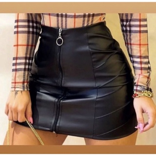 Saia de Couro Curta Preta Corinho Ecológico Fake Blogueiras Zíper Frontal Cintura Alta Tecido Cirre em Oferta na Shopee