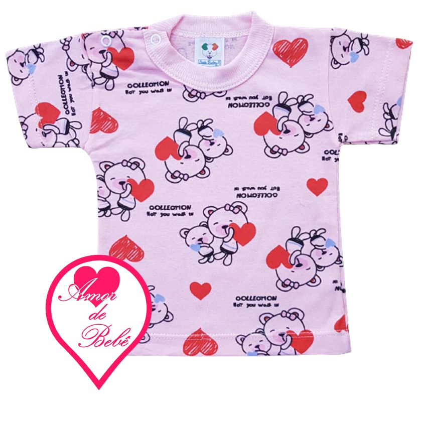 Camiseta manga curta Bebê Menina – Tamanho PMG - Camiseta meia manga estampada Bebê 100% Algodão feminina