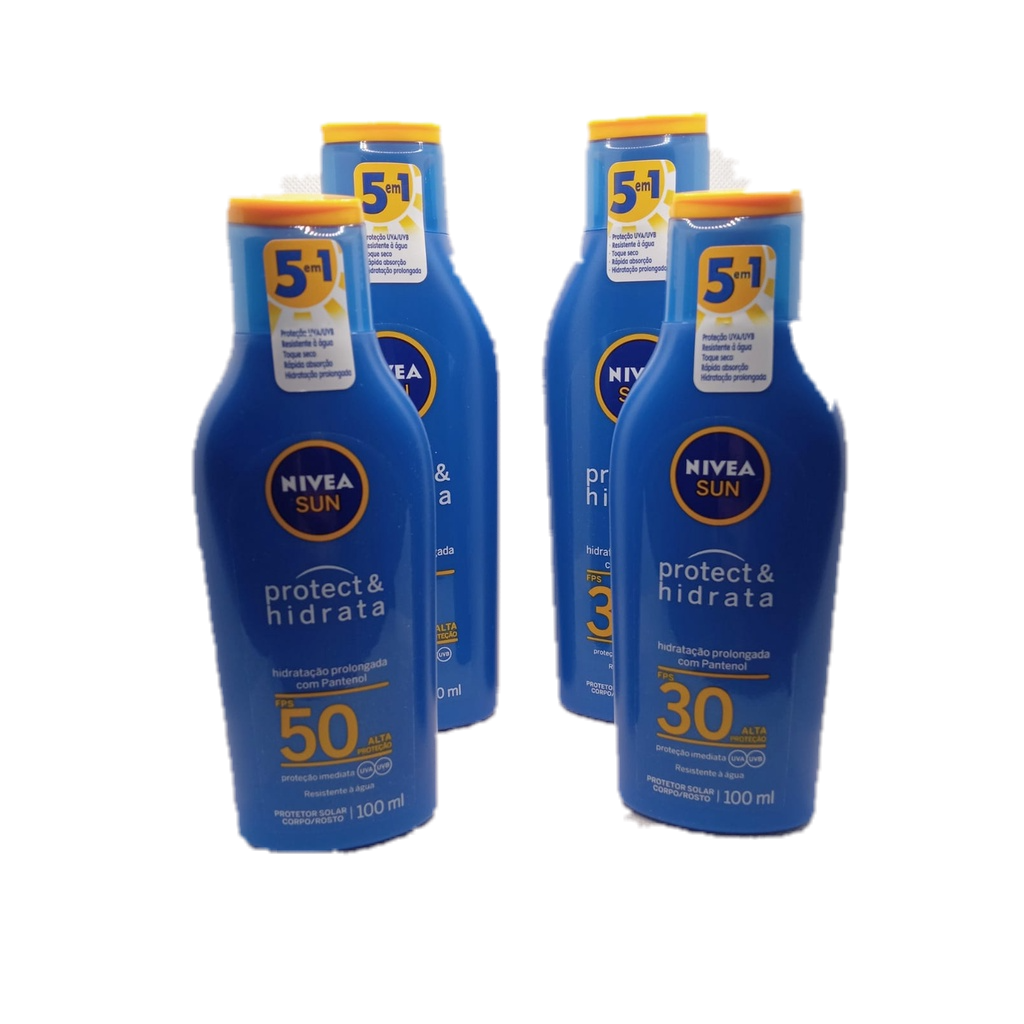 PROTETOR SOLAR- NIVEA SUN PROTECT & HIDRATA- FPS50 e FPS30 5 em 1 COM PANTENOL PROTEÇÃO IMEDIATA UVA/UVB RESISTENTE À ÁGUA- 200ML ou 100 ML