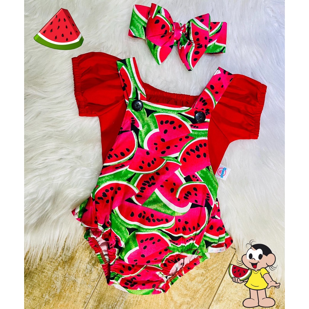 Jardineira Conjunto Romper Body Ciganinha Croped Melancia Magali Fotos Ensaio Menina Bebe