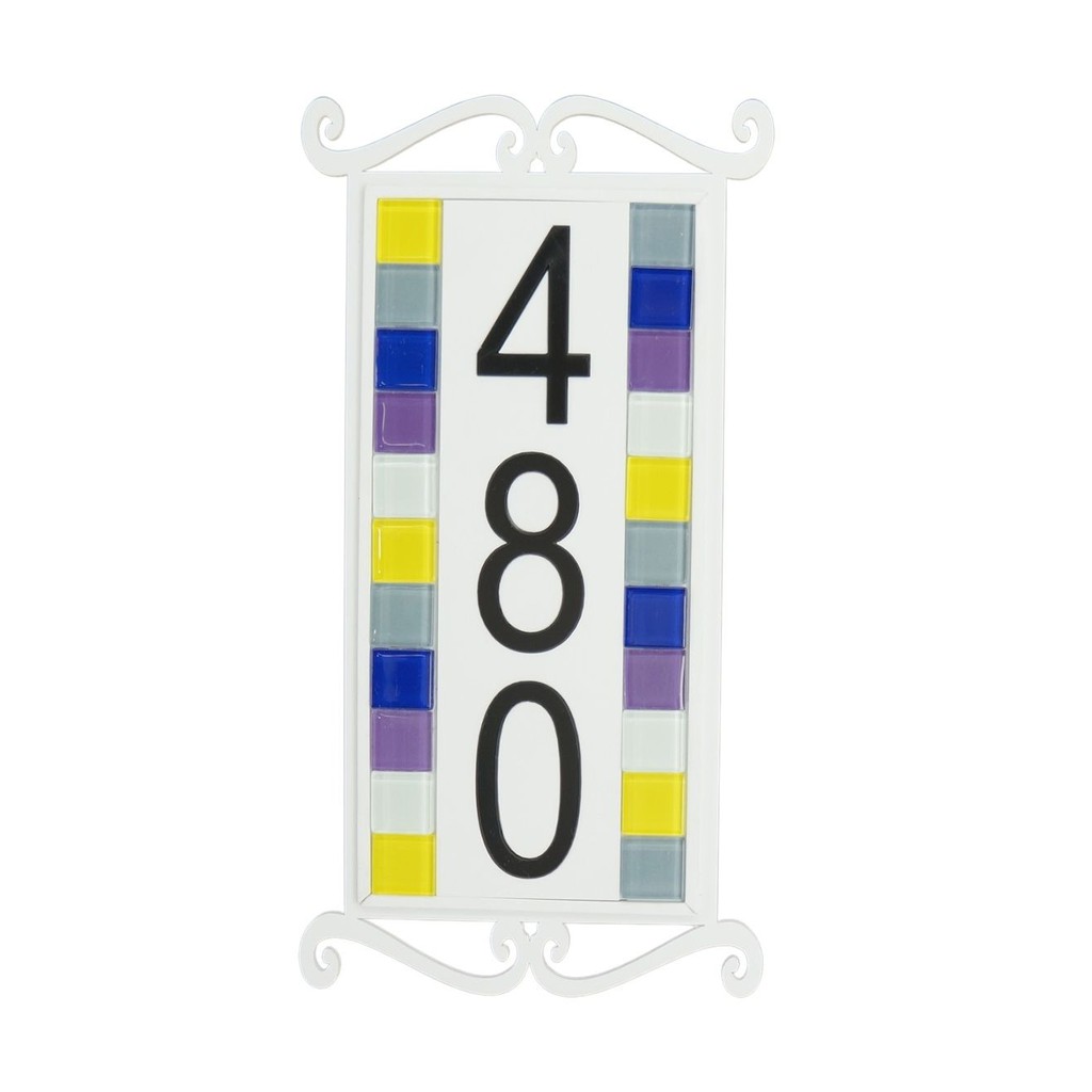 Placa com Número Residencial/Comercial com Moldura Branco Arabescos e Pastilhas de Vidro Coloridas - nos informe seu número ao efetuar o pedido.