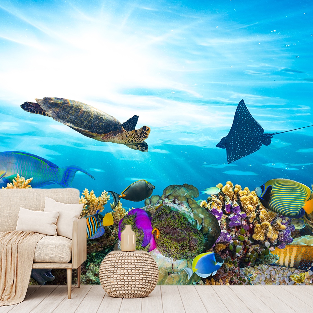 Papel de Parede Fundo do Mar Tartaruga Peixes Sala Painel - 132pc