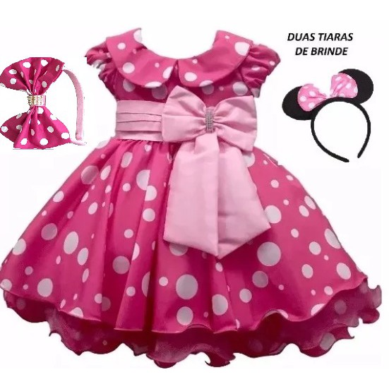 Vestido Festa Infantil Luxo Minnie Rosa Pink Poa Bolinhas  Com Tiara De Orelinha e Tiara Rosa.