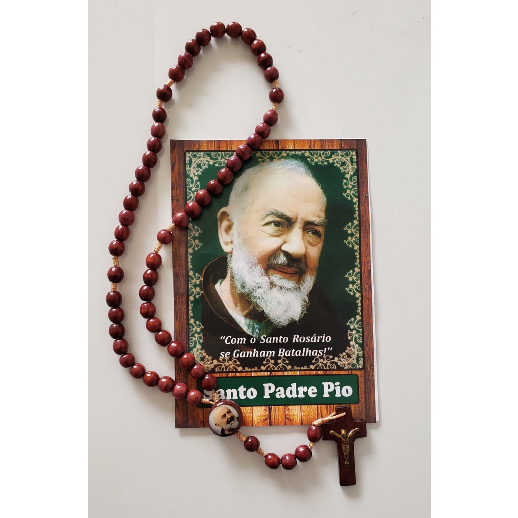 Lindo Terço São Padre Pio em Madeira - 37 Cm - Artigo Religioso Católico - terco
