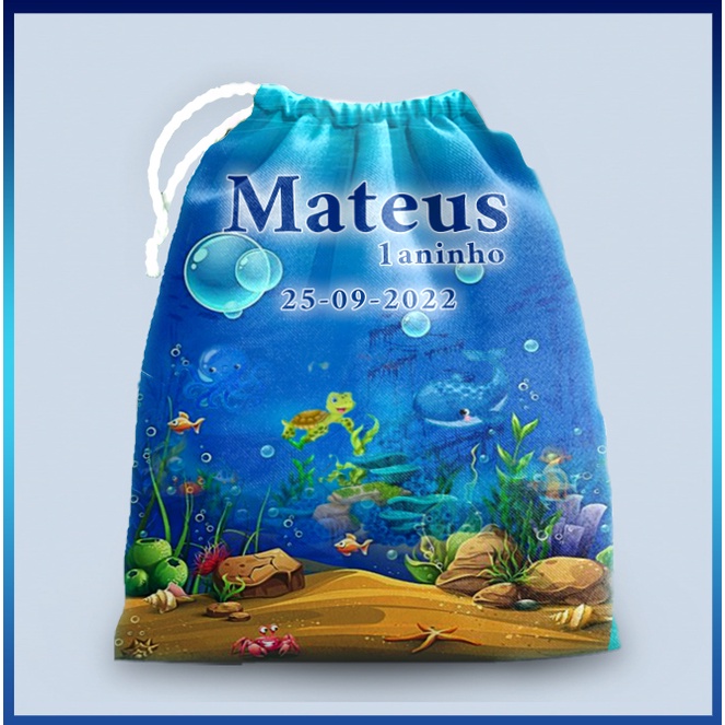 10 sacolinhas personalizada tecido FUNDO MAR para lembrancinhas de festa de aniversario 30cmx20cm