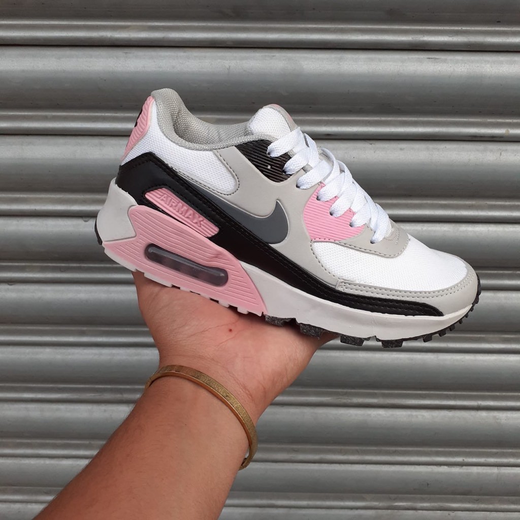 Tênis Casual Nike Essential Air Max 90 Cinza c/Verde, Cinza c/Rosa ... Tênis Casual Nike Essential Air Max 90 Cinza c/Verde, Cinza c/Rosa ...