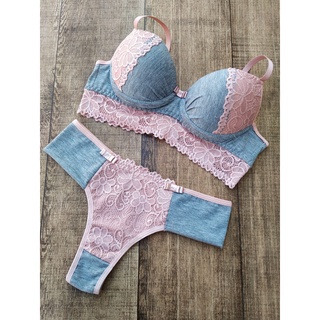 Conjunto Lingerie Cotton Mescla e Renda REF: Keyla