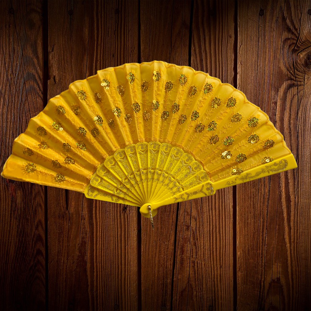 Leque Luxo Bordado Paetê  Amarelo Pomba Gira Cigana Promoção