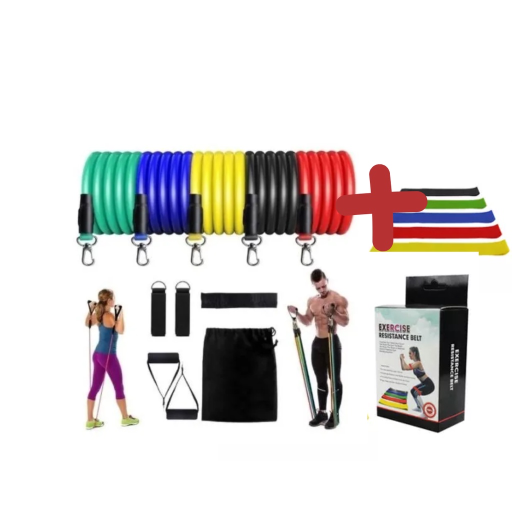 Kit com 5 Faixas Elásticas Mini Band + Elástico Extensor 11 Itens Para Treino em Casa Exercícios Musculação Pilates Yoga