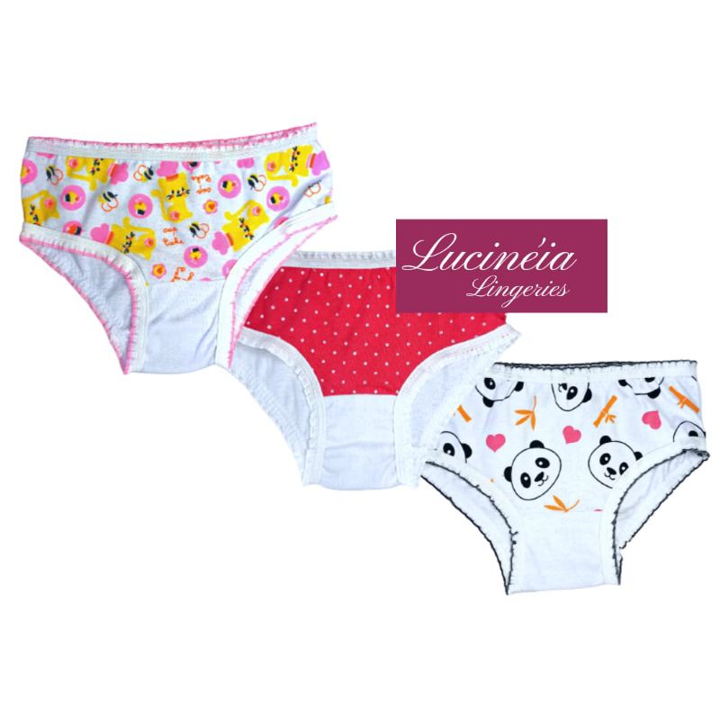 KIT com 5 peças - Calcinha Infantil Menina – Tecido 100% algodão, com forro, estampas variadas, tanga – muito delicada.