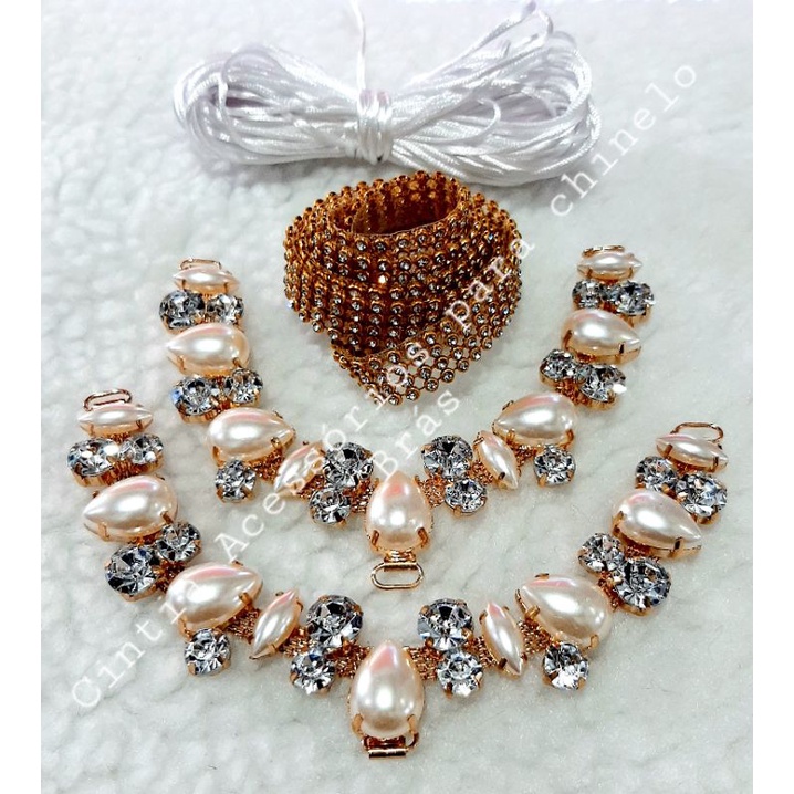 Cabedal ou kit cabedal pérolado com manta de strass e cordão em Oferta na Shopee