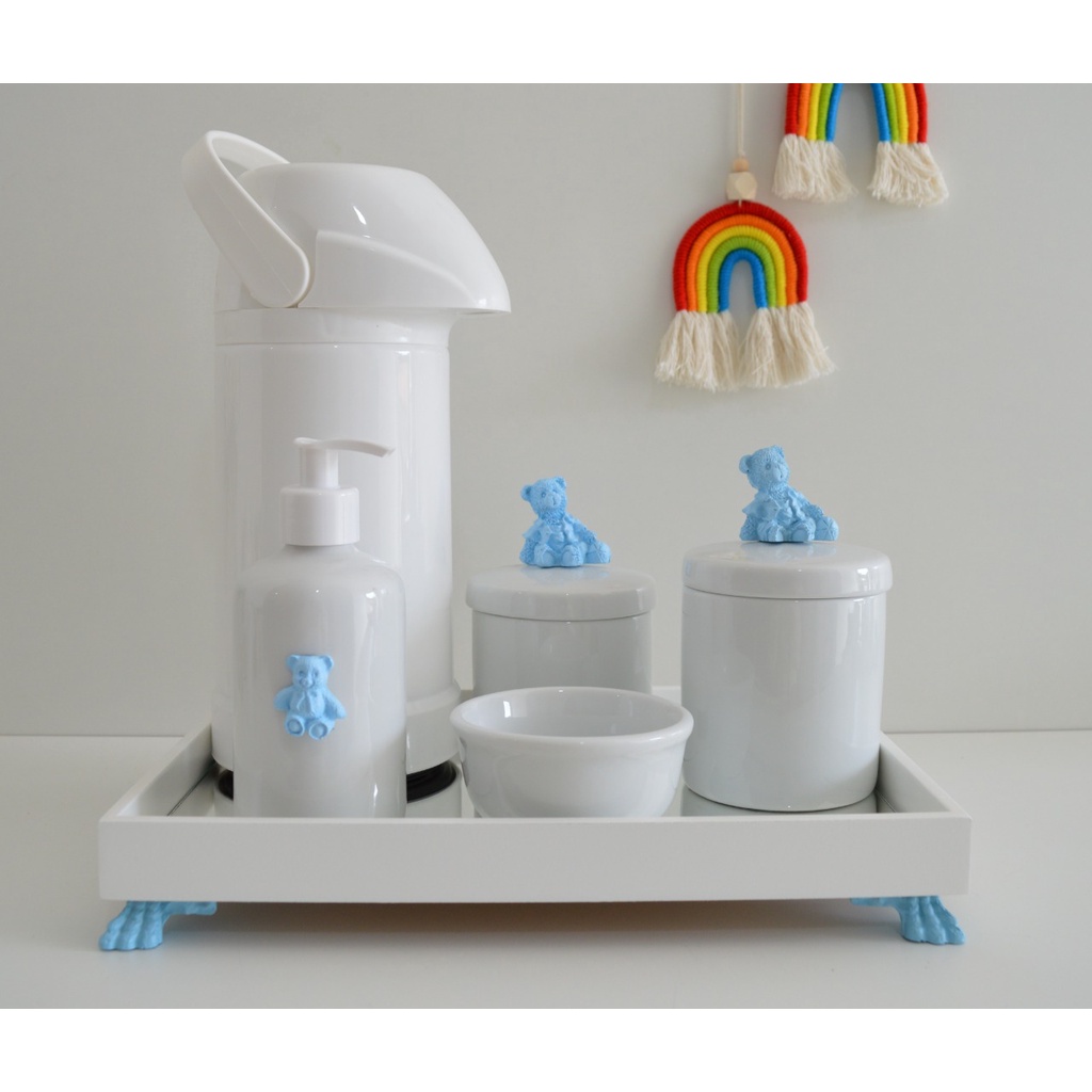 Kit Higiene Bebê Higiene K030 Azul Menino Completo Porcelana Bandeja Térmica Potes Gel Cotonetes Algodão Promoção