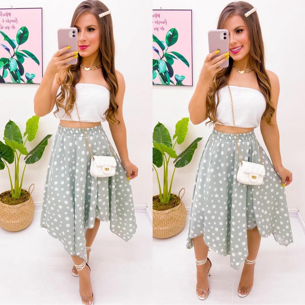 Conjunto Femino Cropped Branco E Saia Midi Poá | Shopee Brasil