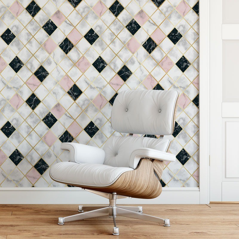 Papel De Parede Azulejo Mármore Branco Rose E Preto em Oferta na Shopee