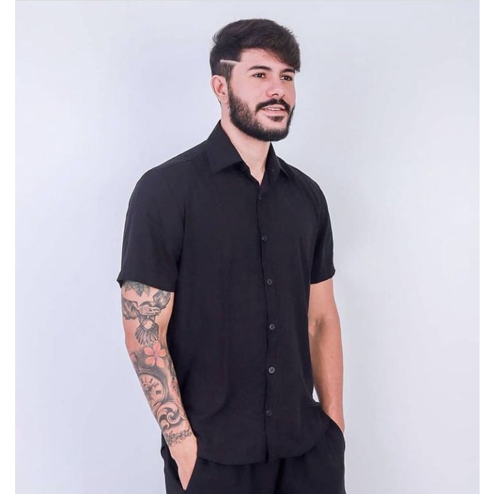 Camisa Social Manga Slim Botão Masculina Preta Branca