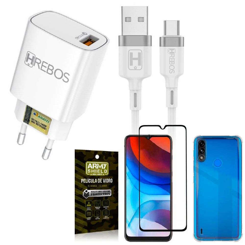Kit Moto E7 Power Carregador Turbo HS183 + Capinha + Película 3D - Armyshield