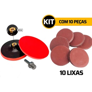 Kit suporte para disco lixa com base aderente 125mm com adaptador para furadeira + 10 discos de lixa com base aderente