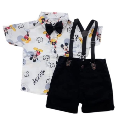 Kit Roupa Conjunto Infantil MICKEY Menino 4 Peças Camisa Gravata Bermuda e Suspensório Aniversário Mesversário Mickey