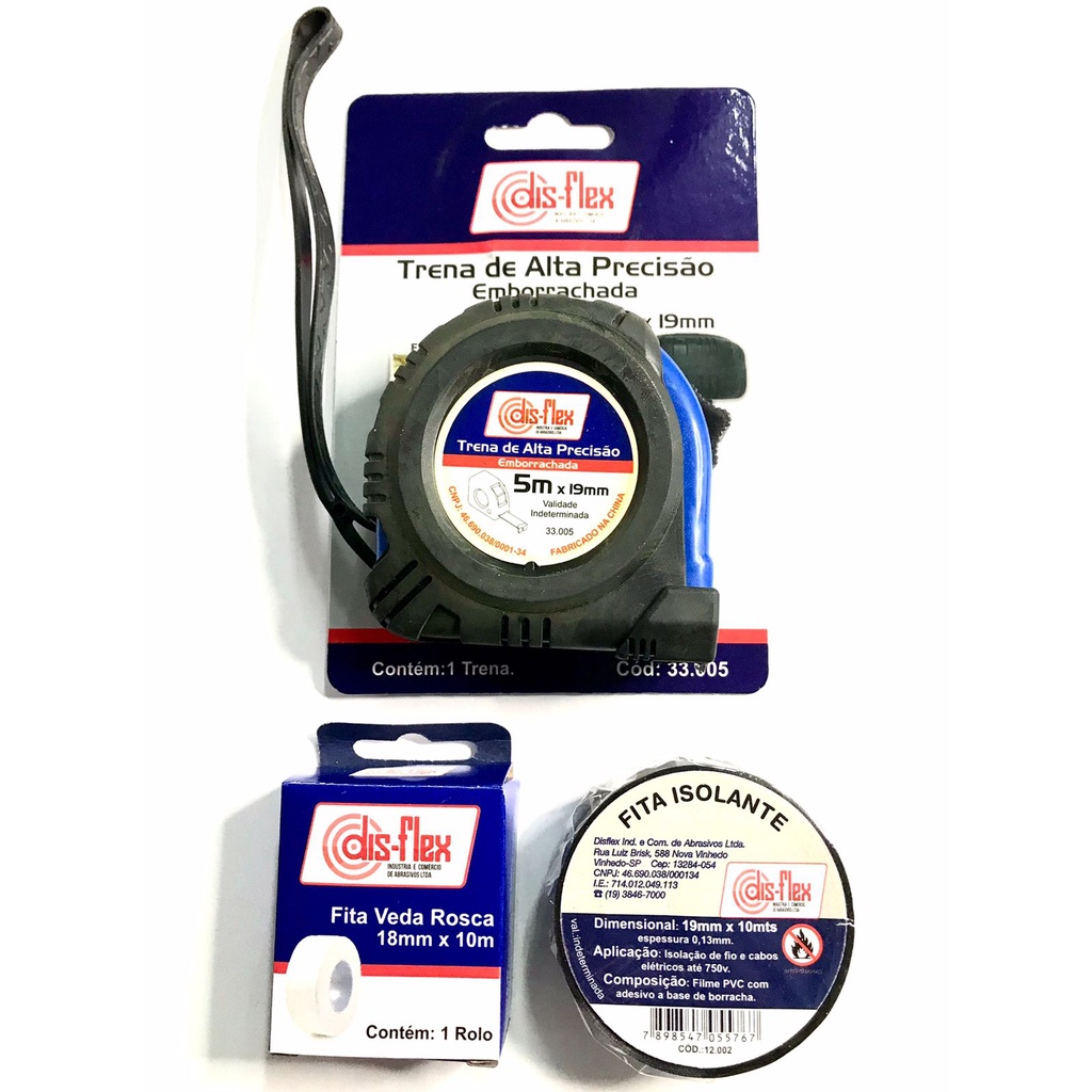 Kit Trena Profissional 5m + Fita Isolante 10m + Fita Veda Rosca 10m - Disflex