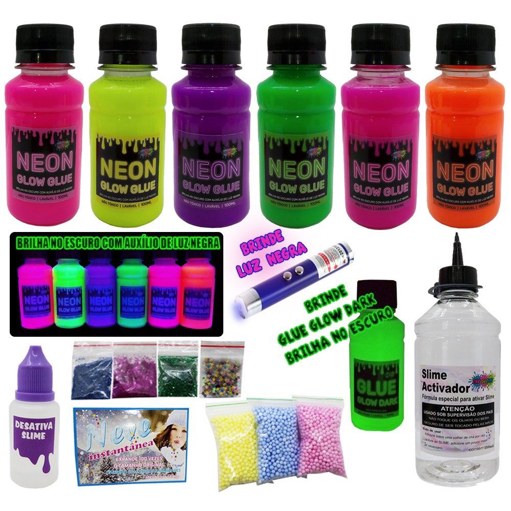 Kit Slime Neon Completo Colas Coloridas Ativador Kit Slime Neon Completo Colas Coloridas Ativador