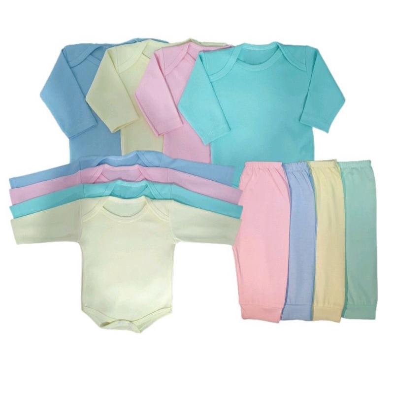 kit enxoval 6 peças combinando 100% algodão bebê menino e menina body e calça lisos.