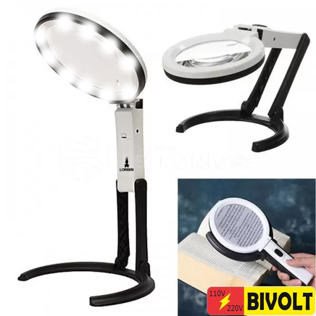 Lupa de Mesa Bancada 10 Led Suporte Articulável Aumento 2x e 5X Lorben