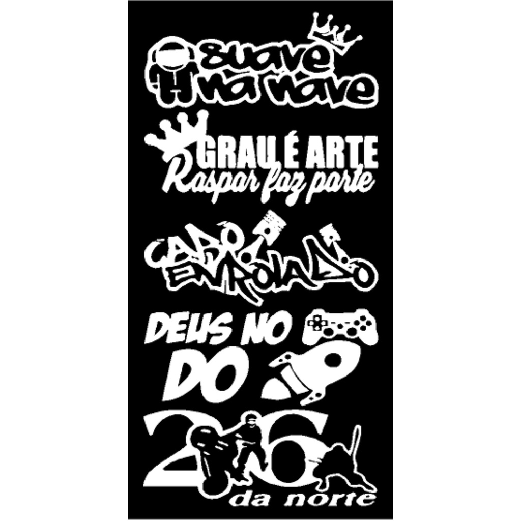 kit 5 Adesivos para moto Grau É Arte, cabo Enrolado, Deus no controle do fuguete, 26 da norte
