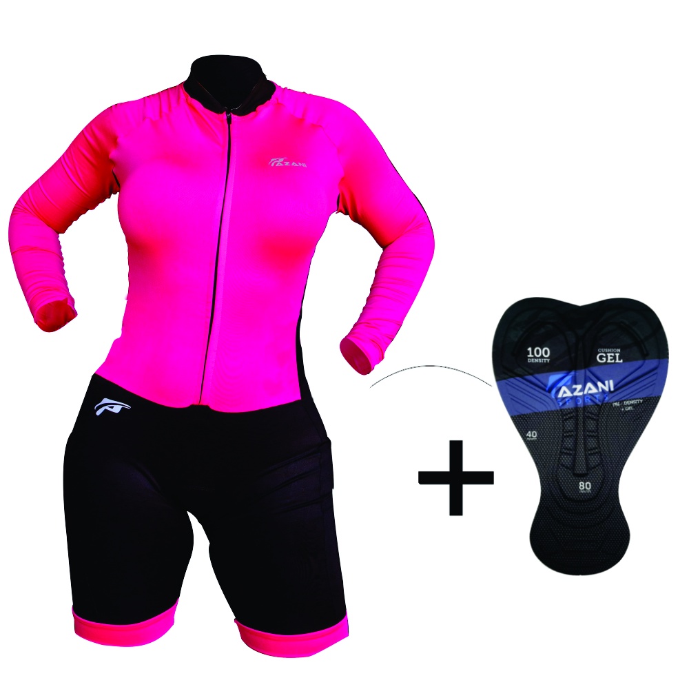 Macaquinho Esportivo Conjunto Ciclismo Ciclista Bike Bicicleta Mtb Manga Longa Feminino Forro Pad Gel Alta Densidade Proteção UV Profissional- Rosa Neon-PROMOCAO