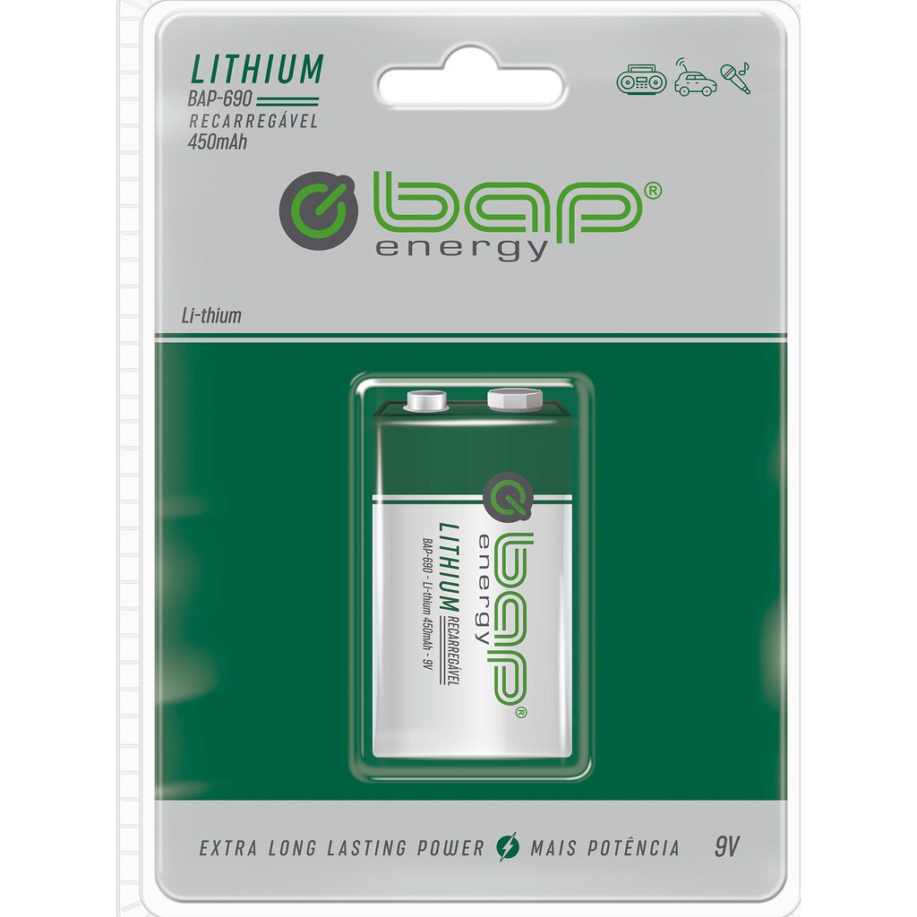 Bateria Recarregável 9 V Bap-690 Lithiun 450mah 500 Recargas