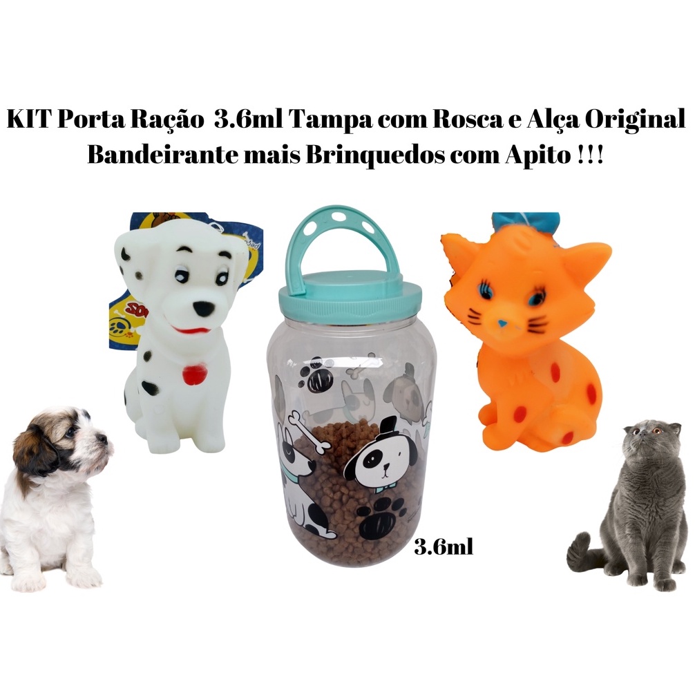 KIT 1 Pote Porta Ração 3.6ml tampa com Rosca e Alça Cor Azul Celeste + Brinquedo Mordedor Cachorrinho + Gatinho com Apito , Cachorros  Cães Gato gatos Com Alça - Para Armazenar Ração do seu PET, acessorios essenciais para seu animal, cachorro caes