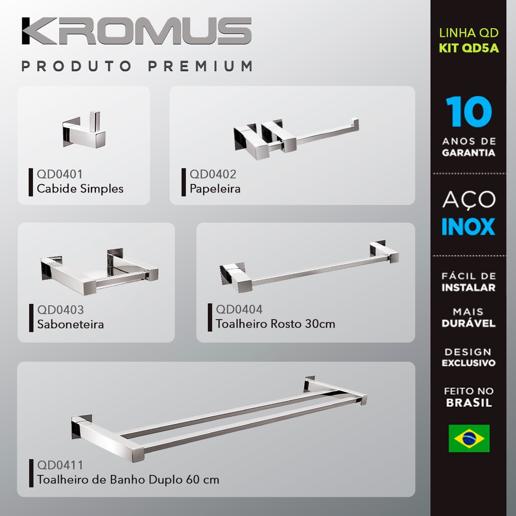 Kit Acessórios para Banheiros 5 peças inox - Kromus KITQD5A | Shopee Brasil