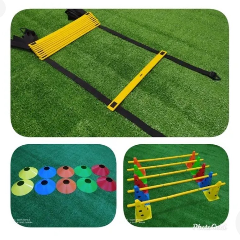 KIT FUNCIONAL CL-01  ESCADA DE AGILIDADE PVC 10 DEGRAUS +10 CONES FURADOS COM BARREIRA+10 CONE HALF