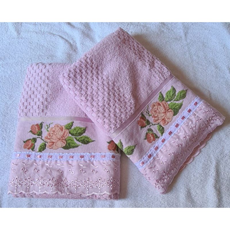 Toalha De Banho Cor Rosa Bordada Ponto Cruz Shopee Brasil