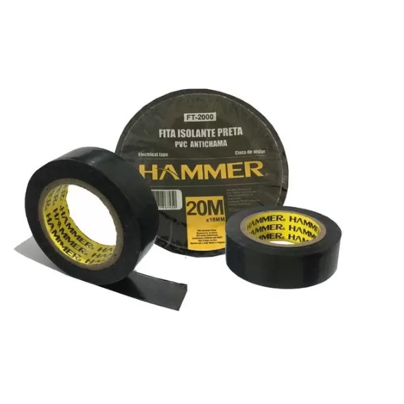 Fita Isolante Antichama 20 Metros 18mm Hammer Preta Fita De PVC Borracha Adesivada Para Isolamento De Fios e Conectores