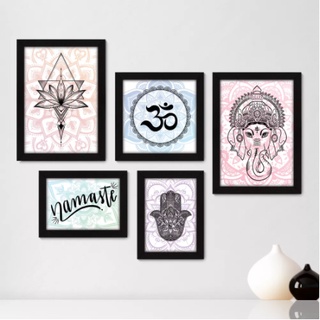 Quadros decorativos 5 peças mosaicos para sua sala ou quarto Ganesha - Flor de Lótus - Om - Namastê - Hamsa Star = 270