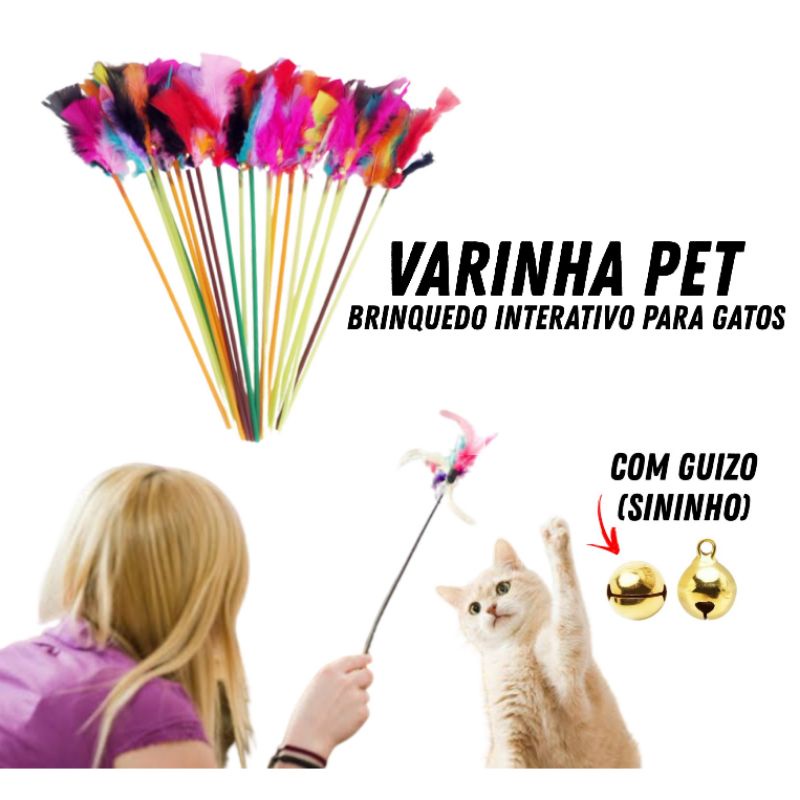 Varinha brinquedo interativo para gatos vareta com penas Pet