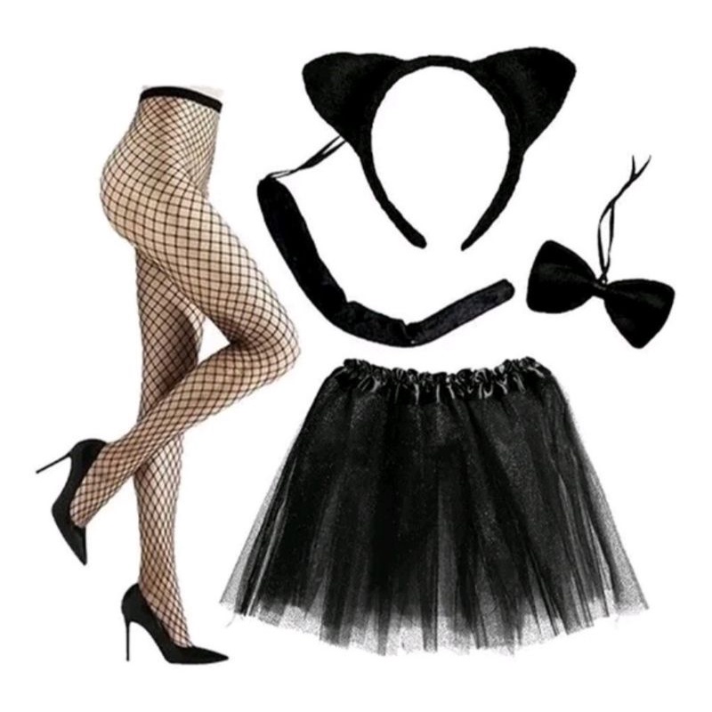 Fantasia de Gatinha gato com Meia Rastão Ou Sem Meia Arrastão Saia de Tule Arco Gravata Rabinho Carnaval em Oferta na Shopee
