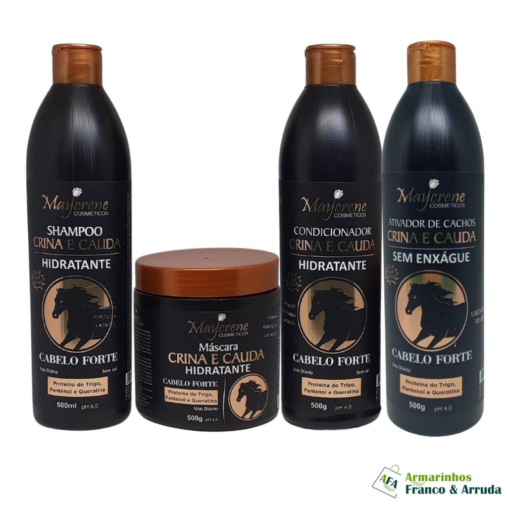 Kit Crina E Cauda Maycrene - Força, Brilho e Crescimento (Shampoo + Condicionador + Mascara + Ativados) 4x500ml