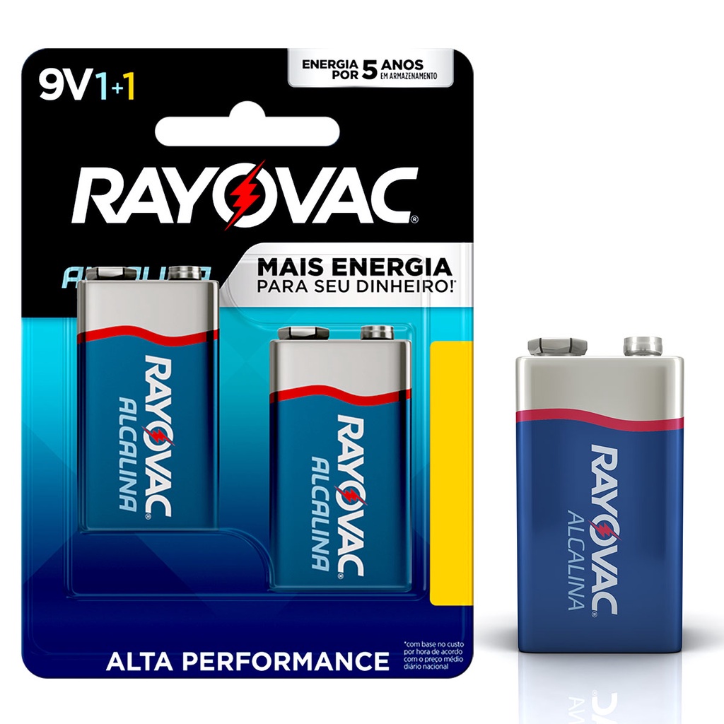 Baterias Pilhas 9V alcalina longa duração cartela com 2 baterias - Rayovac